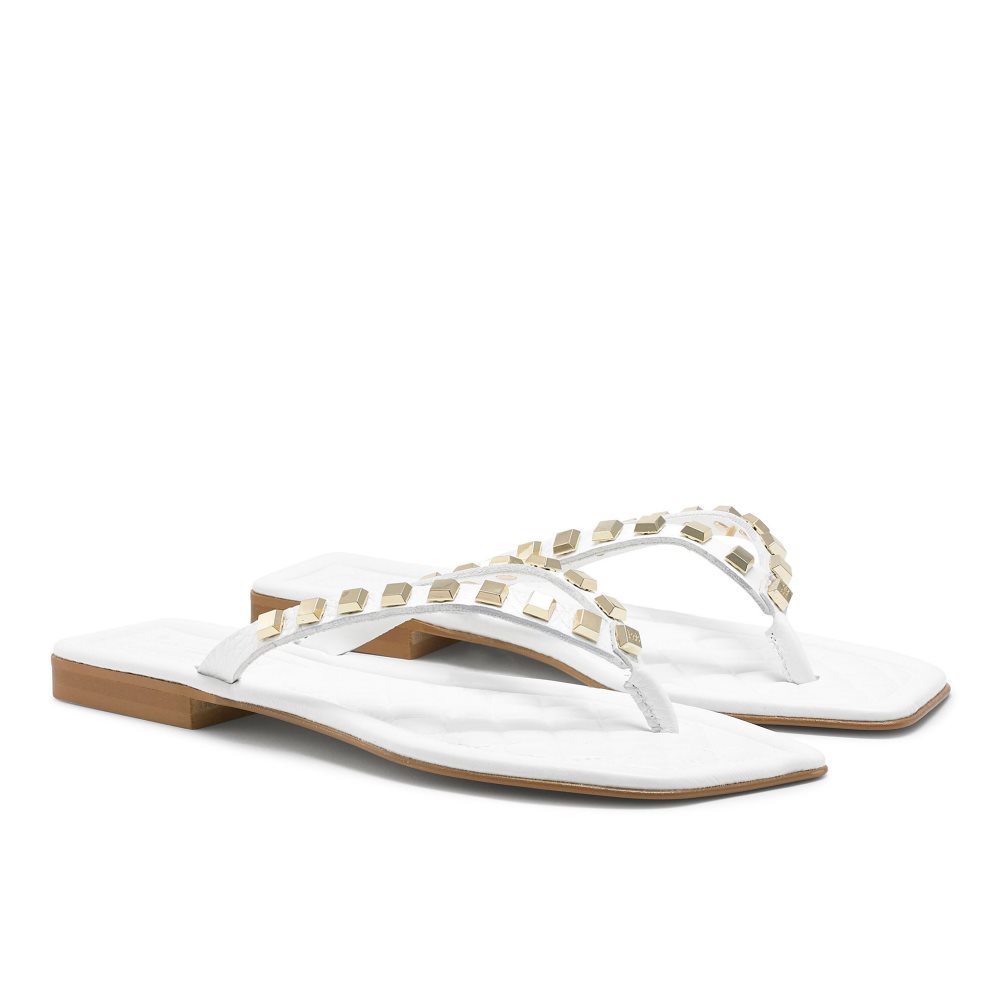 Russell And Bromley Cairo Stud Tå Post Flate Sandaler Dame Hvite | 590ZCPTD