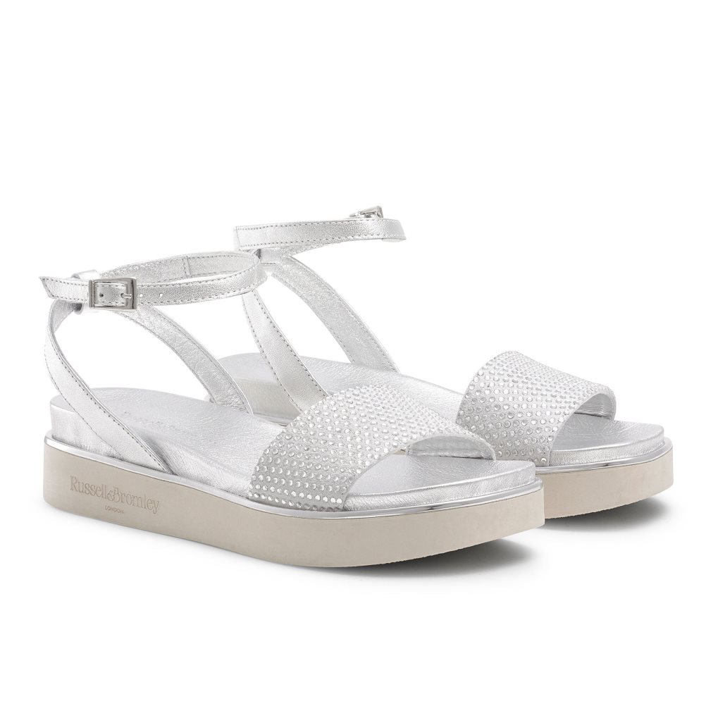 Russell And Bromley Miami Diamante Footbed Flate Sandaler Dame Sølv | 035VMCHT