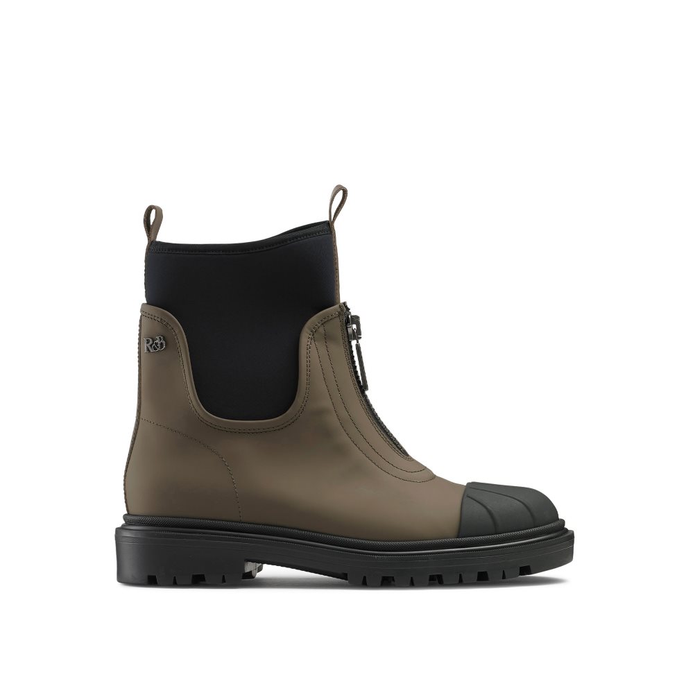 Russell And Bromley Rambler Dryleks Zip Front Stomper Ankelstøvletter Dame Olivengrønne Svarte | 312SRBIZ