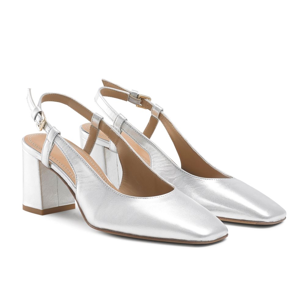 Russell And Bromley Sugar Pie Slingback Block Høye Hæler Dame Sølv | 406AIMRS