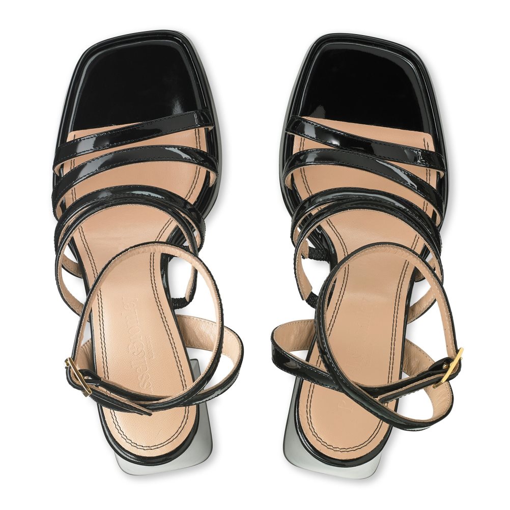 Russell And Bromley Yeahbaby Strappy Flared Platform Sandaler med Hæl Dame Svarte | 043UHQYG